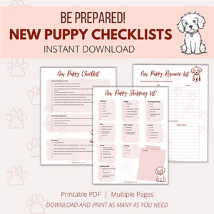 May include: Printable checklist for new puppy owners. The checklist includes sections for preparing your home, preparing a puppy space, healthcare, and a shopping list. The checklist is in a pink and white color scheme with paw prints in the background.