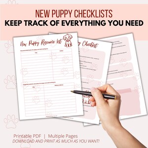 May include: Printable checklist for new puppy owners. The checklist includes sections for recommended books, websites, and a puppy checklist. The checklist is illustrated with paw prints and a cartoon puppy.