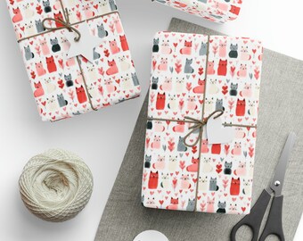 Valentine's Day Kitty Cat Pattern Wrapping Paper | Valentine's Day Holiday Gift Wrap