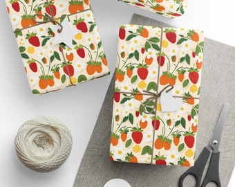 Papel de regalo con estampado de fresas para cumpleaños / Papel de regalo con estampado floral y frutal