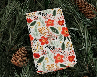 Red Floral Christmas Pattern Wrapping Paper | Botanical Holiday Wrap Roll
