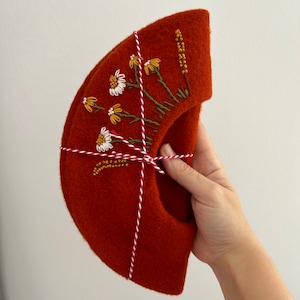 Orange French Beret,100% Wool,Hand Embroidered,Beret For Women,Wild Flower Beret,Winter French Hat,Gift For Christmas,Custom Made Beret,Gift