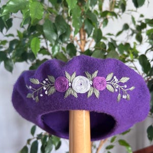 Purple French Beret,100% Wool,Hand Embroidered,Beret For Women,Wild Flower Beret,Winter French Hat,Gift For Christmas,Custom Made Beret,Gift