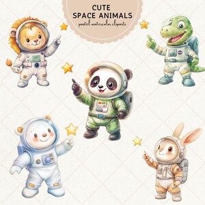 May include: Five cute animal astronauts in pastel watercolor style. A lion, panda, polar bear, rabbit, and dinosaur are all wearing spacesuits and pointing at stars.