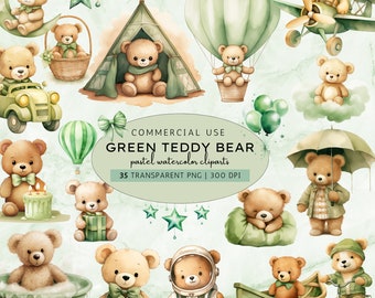 May include: A collection of watercolor clipart featuring teddy bears in various scenes. The bears are depicted in soft brown and beige tones, with green accents. Scenes include a hot air balloon, airplane, tent, and more. The text "GREEN TEDDY BEAR" is visible.