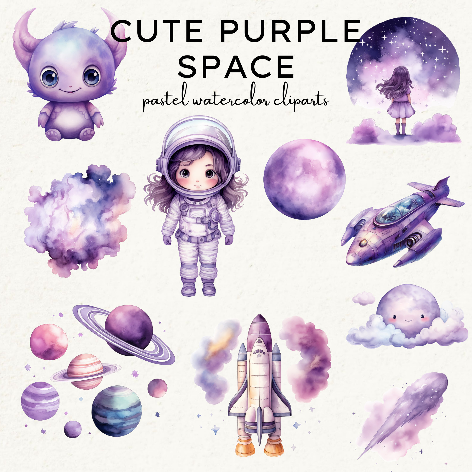 Cute Purple Watercolor Space Clipart Bundle, Pastel Girl Astronaut ...