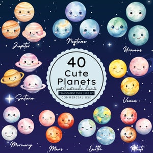 Lindo sistema solar planetas espacio cliparts, acuarela pastel PNG, paquete de planetas Kawaii, cara sonriente, descarga digital instantánea