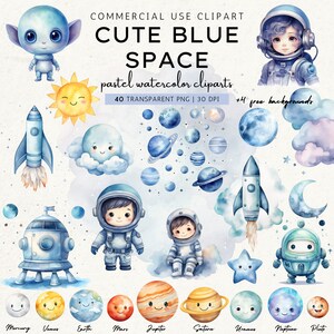 Pastel Watercolor Cute Blue Space Clipart Bundle, Pastel Boy Girl Astronaut Nursery Clipart, Astronaut, Spaceship, Rocket, Stars, Moon PNG