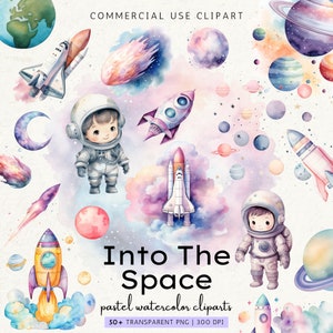 Space Kids Galaxy Clipart Bundle, Astronaut Nursery Clipart, Baby Invitation Cards, Kids Room PNG, Rockets, Ships, Planets, Instant Download