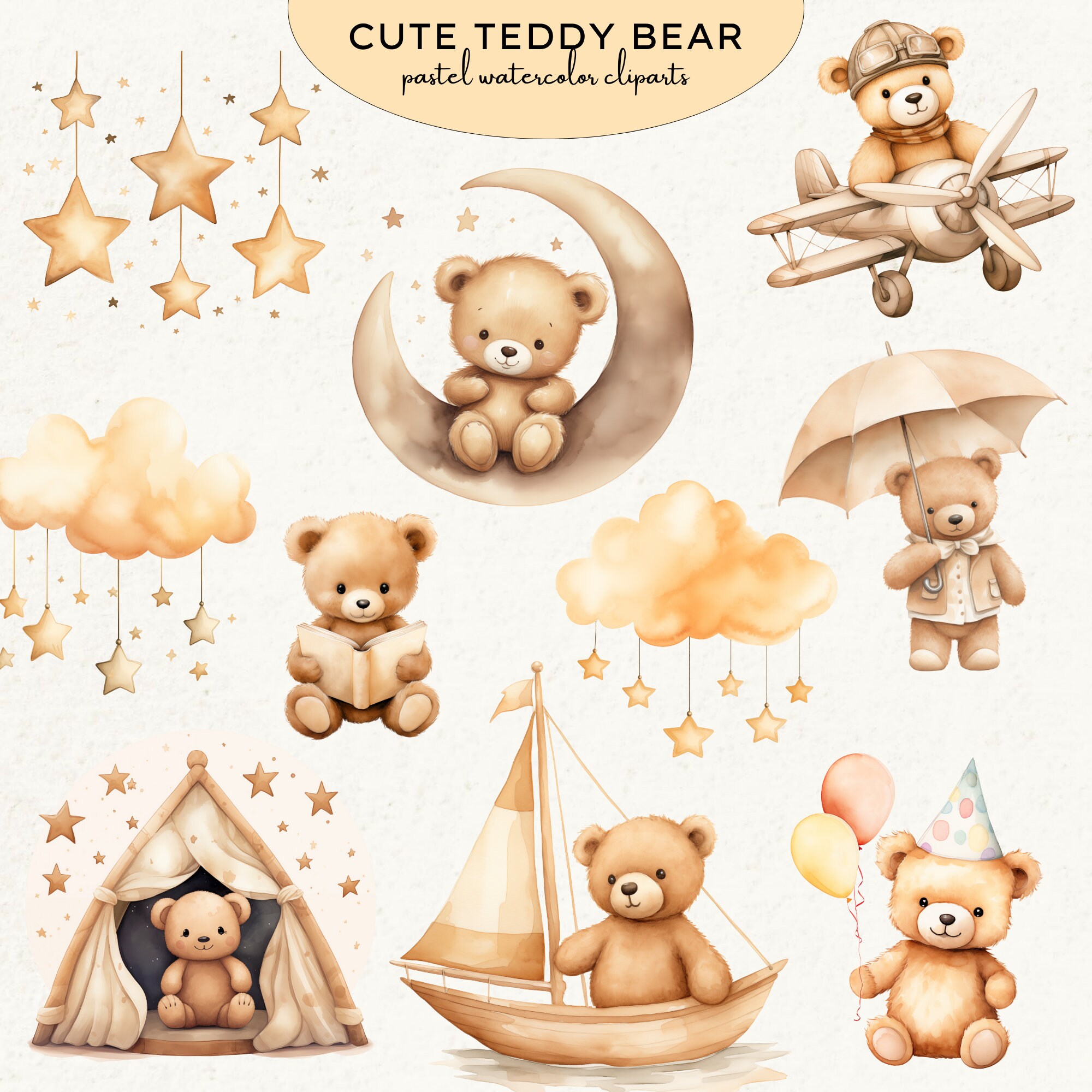 Cute Teddy Bear Clipart Bundle, Boho Bear Baby Shower Clipart, Hot Air ...
