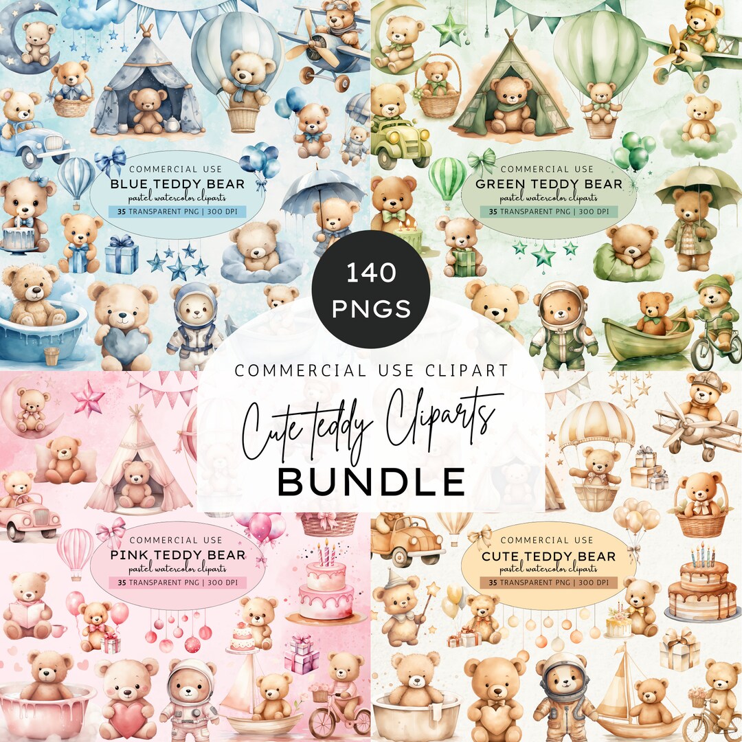 Watercolor Cute Kids Teddy Bear Clipart Mega Bundle, Pastel Nursery ...