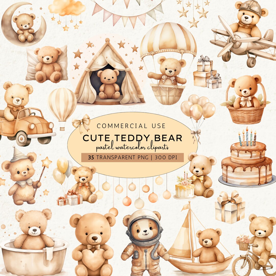 Cute Teddy Bear Clipart Bundle, Boho Bear Baby Shower Clipart, Hot Air ...
