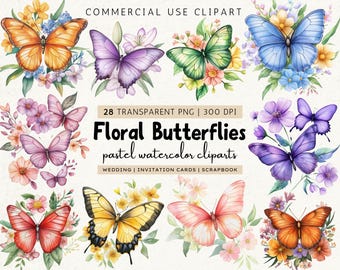 Watercolor Floral Butterflies Clipart, Pastel Butterfly PNG, Spring Wedding Clipart, Botanical Butterfly Art, Transparent Floral Graphics