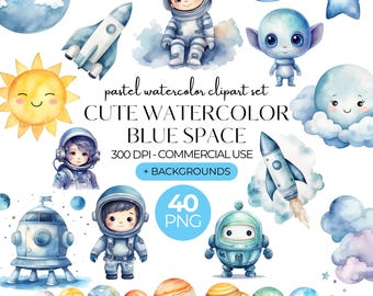 Könnte beinhalten: Eine digitale Sammlung von Weltraum-Illustrationen im Aquarellstil mit Astronauten, Raketen, Planeten und Sternen. Der Text lautet: pastel watercolor clipart set CUTE WATERCOLOR BLUE SPACE 300 DPI - COMMERCIAL USE + BACKGROUNDS 40 PNG.