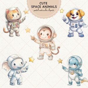 May include: Five watercolor illustrations of cute animals dressed as astronauts. A cat, a dog, a monkey, an elephant, and a dolphin are all wearing white spacesuits with blue accents and are pointing at stars. The illustrations are in pastel colors and have a whimsical feel.