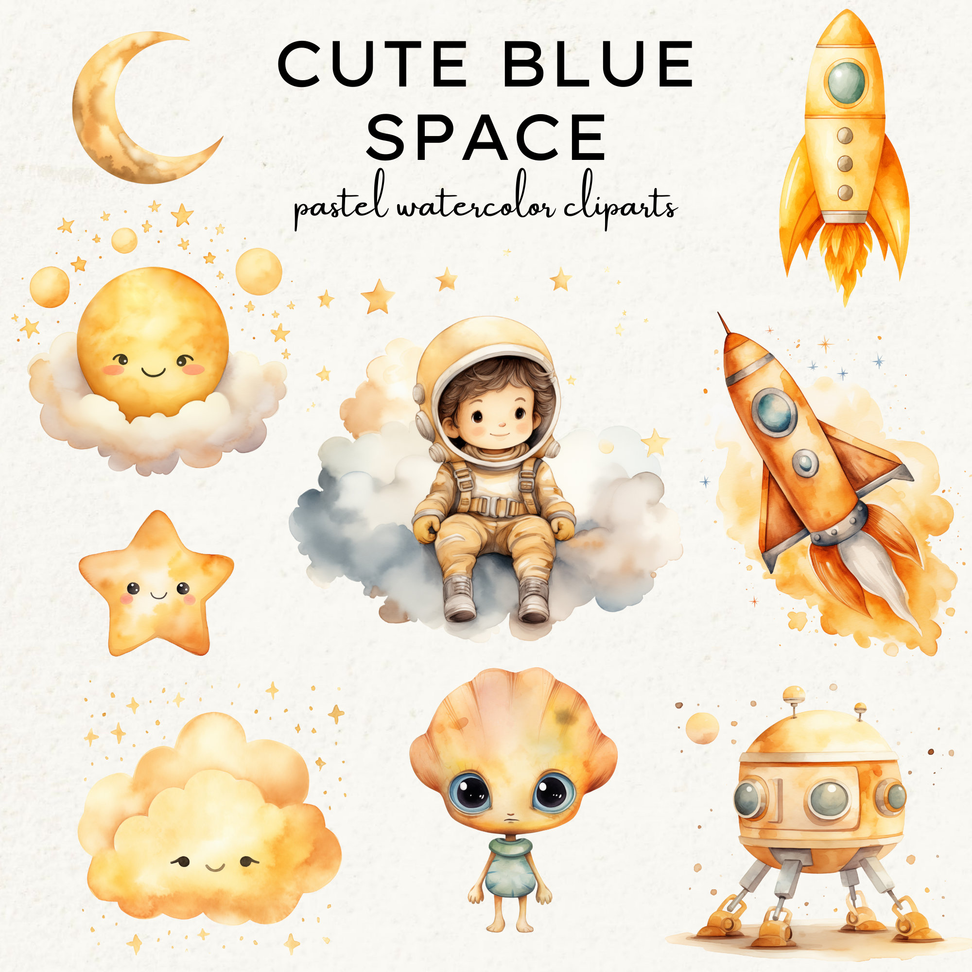 Cute Pastel Watercolor Golden Space Clipart Bundle, Astronaut Nursery ...