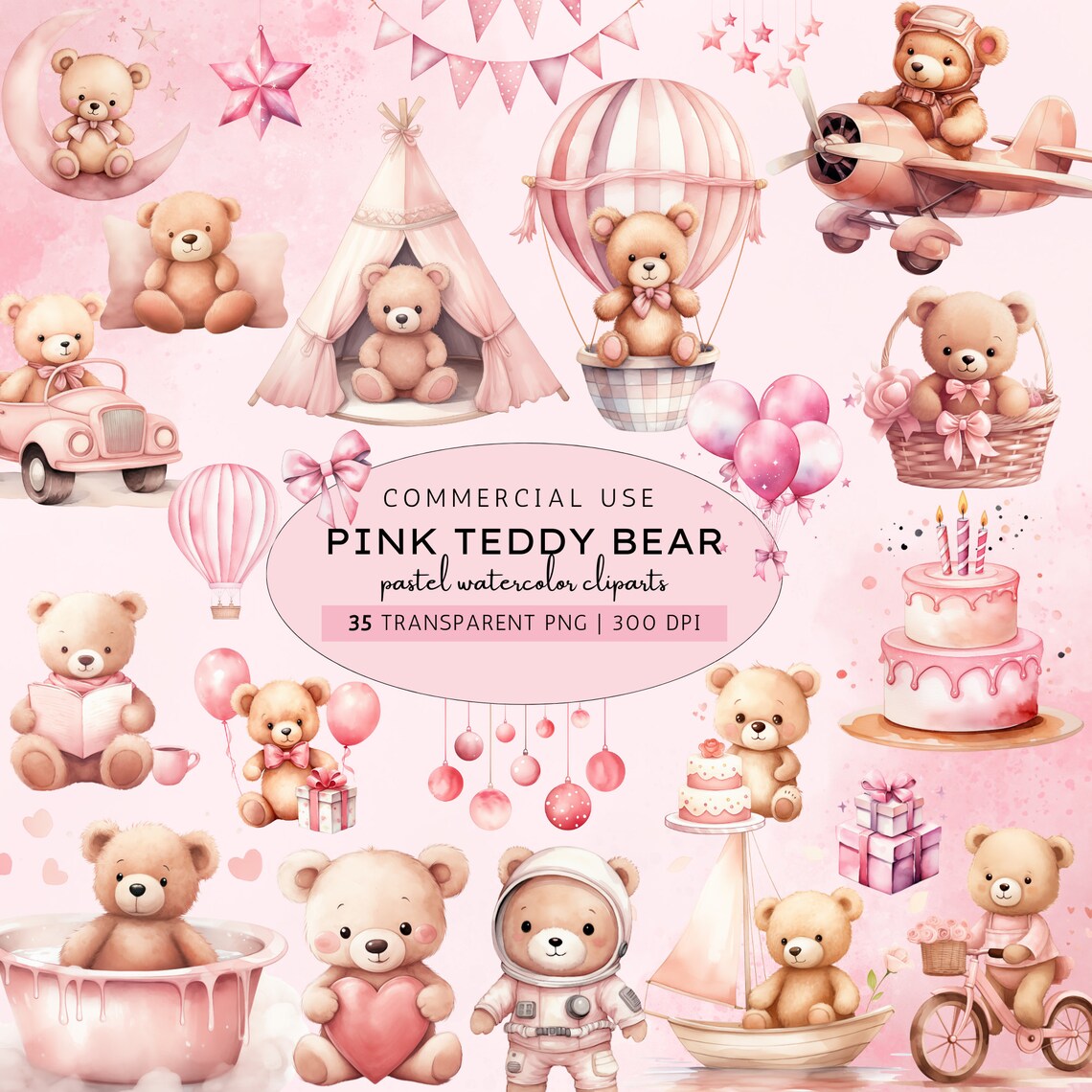 Cute Pink Teddy Bear Clipart, Watercolor Teddy Bear PNG, Hot Air ...