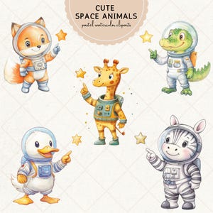 May include: Five cute cartoon animals dressed as astronauts, each pointing to a yellow star. The animals are a fox, giraffe, crocodile, duck, and zebra. The background is a white grid pattern.
