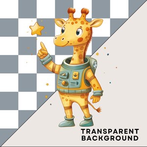 May include: A cartoon giraffe wearing an astronaut suit and pointing at a yellow star. The giraffe is yellow with brown spots and has a blue and yellow spacesuit. The background is a gray and white checkered pattern.