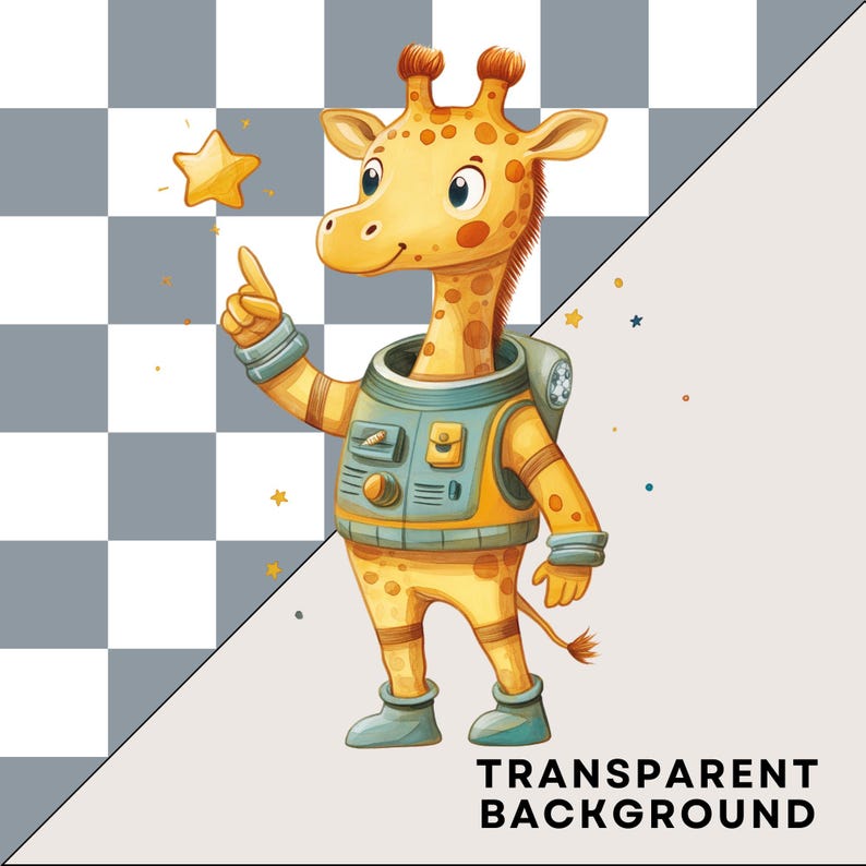 May include: A cartoon giraffe wearing an astronaut suit and pointing at a yellow star. The giraffe is yellow with brown spots and has a blue and yellow spacesuit. The background is a gray and white checkered pattern.