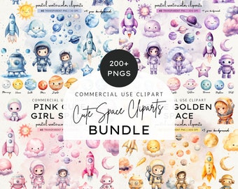 Watercolor Cute Kids Space Clipart Mega Bundle, Pastel Boy Girl Nursery Baby Shower Clipart, Astronaut, Alien, Stars, Planets, Digital PNG