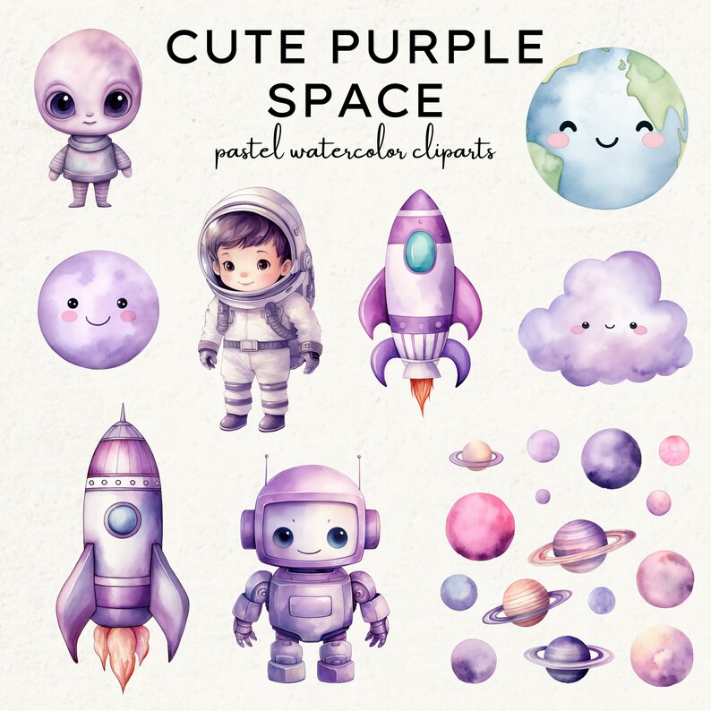Cute Purple Watercolor Space Clipart Bundle, Pastel Girl Astronaut ...