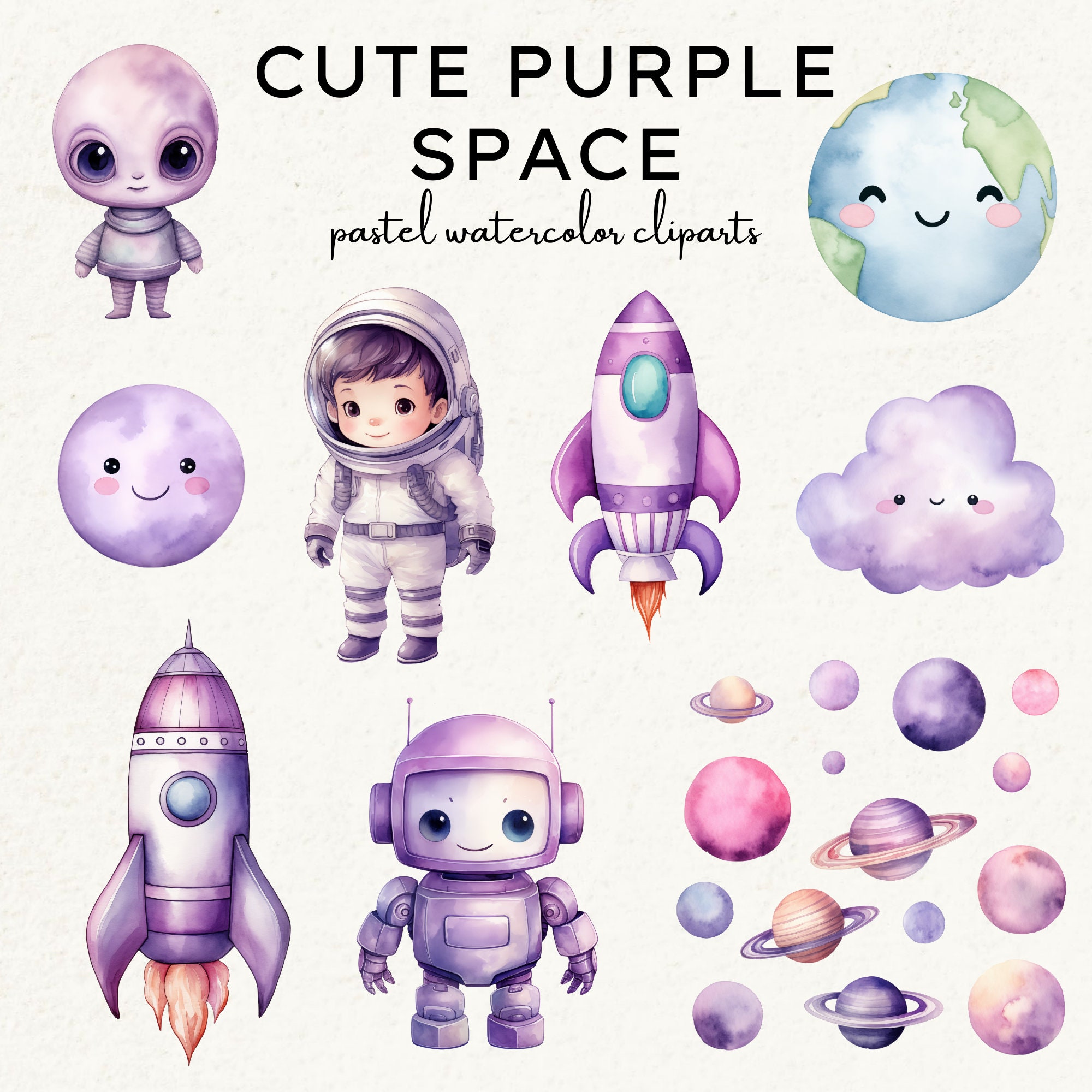 Cute Purple Watercolor Space Clipart Bundle, Pastel Girl Astronaut ...