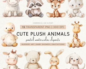 Cute Plush Animals Clipart, Vintage Stuffed Animals PNG Bundle, Nursery Animal Clip Art, Baby Shower Invitation, Scrapbooking, Digital PNG