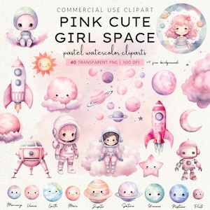 Bundle de cliparts espace aquarelle rose mignon, pastel fille astronaute des cliparts pour chambre d'enfant, astronaute, vaisseau spatial, fusée, étoiles, lune PNG, instantané