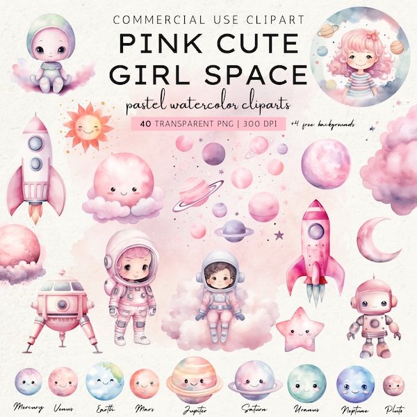 Pink Watercolor Space Clipart Bundle, Pastel Girl Astronaut Nursery Clipart, Astronaut, Spaceship, Rocket, Stars, Moon PNG, Instant