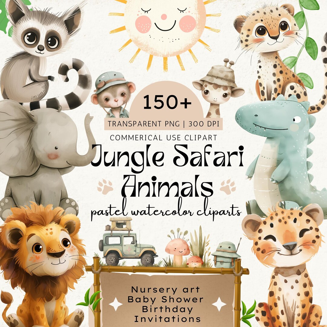 Jungle Safari Animals Clipart Bundle, Cute Safari Animals, Baby Shower ...