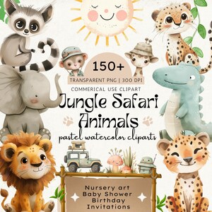 Jungle Safari Animals Clipart Bundle, Cute Safari Animals, Baby Shower, Nursery Art, Party Decor, Birthday Invitations, Digital Download PNG