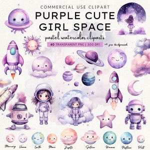 Purple Watercolor Space Clipart Bundle, Pastel Girl Astronaut Nursery Clipart, Astronaut, Spaceship, Rocket, Stars, Moon PNG, Instant