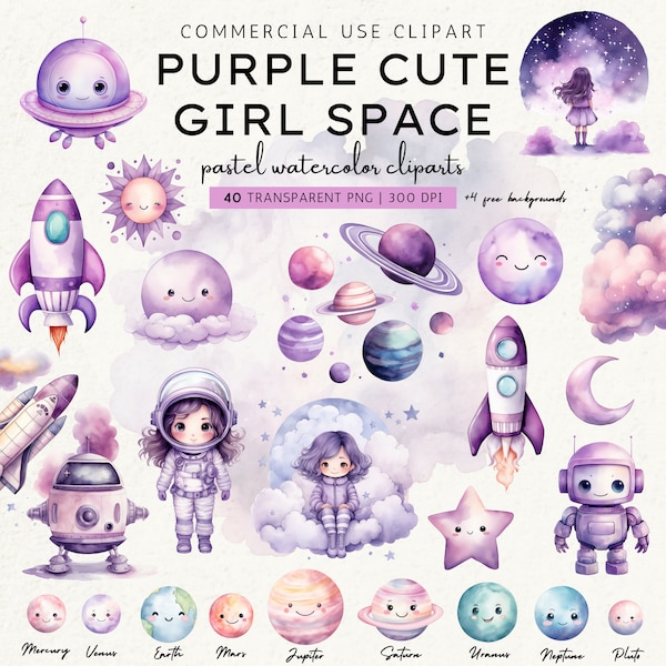 Purple Watercolor Space Clipart Bundle, Pastel Girl Astronaut Nursery Clipart, Astronaut, Spaceship, Rocket, Stars, Moon PNG, Instant