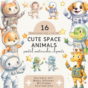 Clipart di simpatici animali spaziali, bundle di PNG di animali astronauti, arte murale per la cameretta dei bambini, inviti per baby shower, decorazioni per feste per bambini, download digitale PNG