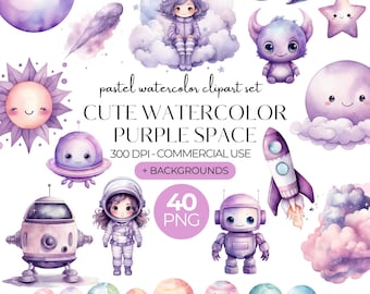 May include: A digital collection of pastel watercolor space-themed illustrations featuring a character on a cloud, a rocket, a purple monster, a sun, planets, and robots. Text includes: pastel watercolor clipart set CUTE WATERCOLOR PURPLE SPACE 300 DPI - COMMERCIAL USE + BACKGROUNDS 40 PNG.