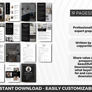 May include: A 19-page guide with a black and white design, titled "Downsizing Guide". The guide includes tips and advice for downsizing, with sections on "Welcome", "Benefits", "Mistakes to Avoid", "What to Consider", "Common Questions", "About You", "Testimonial", and "Thank You". The guide is professionally designed and written by a copywriter in the USA. It is available for instant download and is easily customizable.