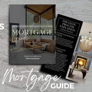 以下が含まれることがあります： 「Mortgage Guide」というタイトルの住宅ローンガイド。テキストは「Buyer's Loan Guide From Application to Closing」です。ガイドは17ページで、ローンのプロセスを説明しています。ガイドはCanvaでデザインされています。