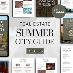 May include: A digital guide for summer in a city, with a cover featuring a cityscape and the text "The Ultimate Summer Guide to City Name". The guide includes information on farmers' markets, upcoming events, dog parks, and more.