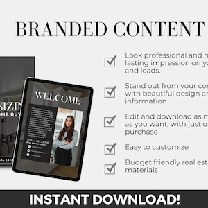 May include: A digital marketing kit for real estate agents. The kit includes a welcome guide, a thank you card, and a guide for downsizing. The kit is customizable and includes a checklist of features. The text on the image reads "Branded Content", "Instant Download!" and "Edit in Canva!"
