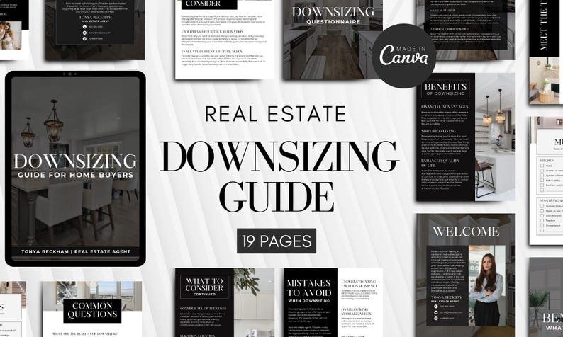 May include: A black and white real estate guide for home buyers. The guide is titled "Downscaling Guide" and includes 19 pages. The cover features a photo of a modern kitchen with a dining table and chairs.