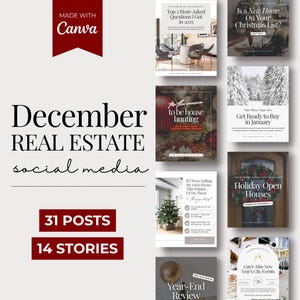 Puede incluir: Una colección de publicaciones en redes sociales para bienes raíces de diciembre, que incluyen temas como la búsqueda de casas, jornadas de puertas abiertas y revisiones de fin de año. La imagen incluye el logotipo de Canva y menciona 31 publicaciones y 14 historias.