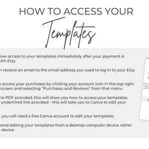 May include: A white background with black text explaining how to access your templates after purchasing them on Etsy. The text includes instructions on how to access your templates through your Etsy account, how to download a PDF with instructions, and how to edit your templates in Canva. The image also includes a small image of a thank you note with the text "Thank you for your order".