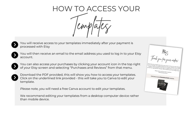 May include: A white background with black text explaining how to access your templates after purchasing them on Etsy. The text includes instructions on how to access your templates through your Etsy account, how to download a PDF with instructions, and how to edit your templates in Canva. The image also includes a small image of a thank you note with the text "Thank you for your order".