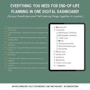 K&ouml;nnte beinhalten: Ein digitales Dashboard mit einer Checkliste von Elementen, die bei der Planung des Lebensendes helfen. Die Checkliste umfasst Abschnitte f&uuml;r Notfallinformationen, Geldangelegenheiten, Verm&ouml;genswerte, wichtigen Zugriff und Informationen, Recht und Nachlass, Familie und Kinder, digitales Leben, letzte W&uuml;nsche, Briefe und Notizenaufforderungen sowie einen FAQ-Bereich. Der Text "Alles, was Sie f&uuml;r die Planung des Lebensendes in einem digitalen Dashboard ben&ouml;tigen!" befindet sich oben im Bild. Der Text "(Damit Ihre Lieben nicht in Panik geraten und alles zusammensetzen m&uuml;ssen.)" befindet sich unter dem Titel. Der Text "INSTANT DOWNLOAD | VOLLST&Auml;NDIG ANPASSBAR | EINMALIGER KAUF - KEINE ABONNEMENTS!" befindet sich unten im Bild.