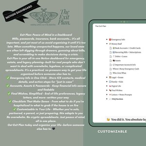 K&ouml;nnte beinhalten: Eine digitale Dashboard-Vorlage zum Organisieren von End-of-Life-Pl&auml;nen. Die Vorlage enth&auml;lt Abschnitte f&uuml;r Notfallinformationen, Finanzdetails, letzte W&uuml;nsche und mehr. Der Text auf dem Bildschirm lautet "The Exit Plan: Peace of Mind in a Dashboard".