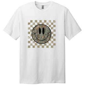 Distressed real camo smiley, checkered camo smiley, popular camouflage, cute trendy retro smiley,