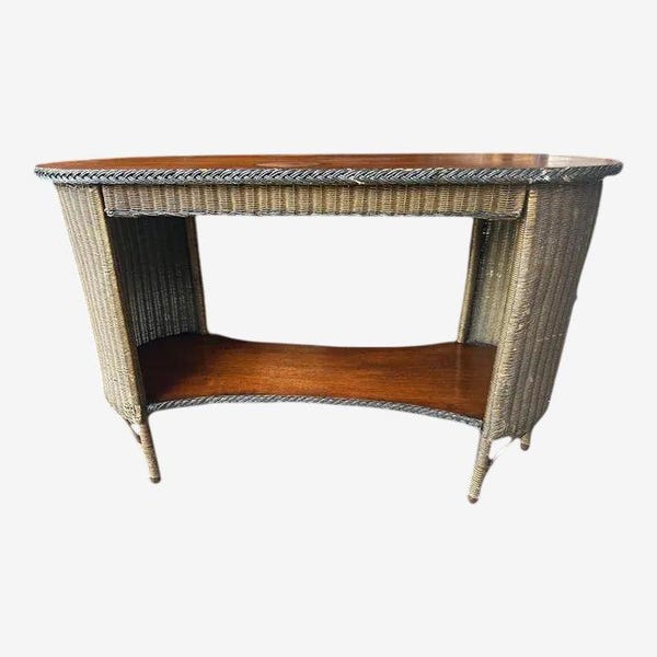 Mesa de console antiga Lloyd Loom em vime e madeira de cerejeira, década de 1920 - Vintage