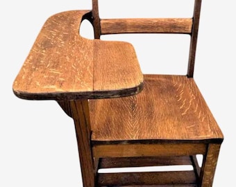 1910 Arts & Crafts Antique Quarter Sawn Oak Chair with Writing Surface - Vintage