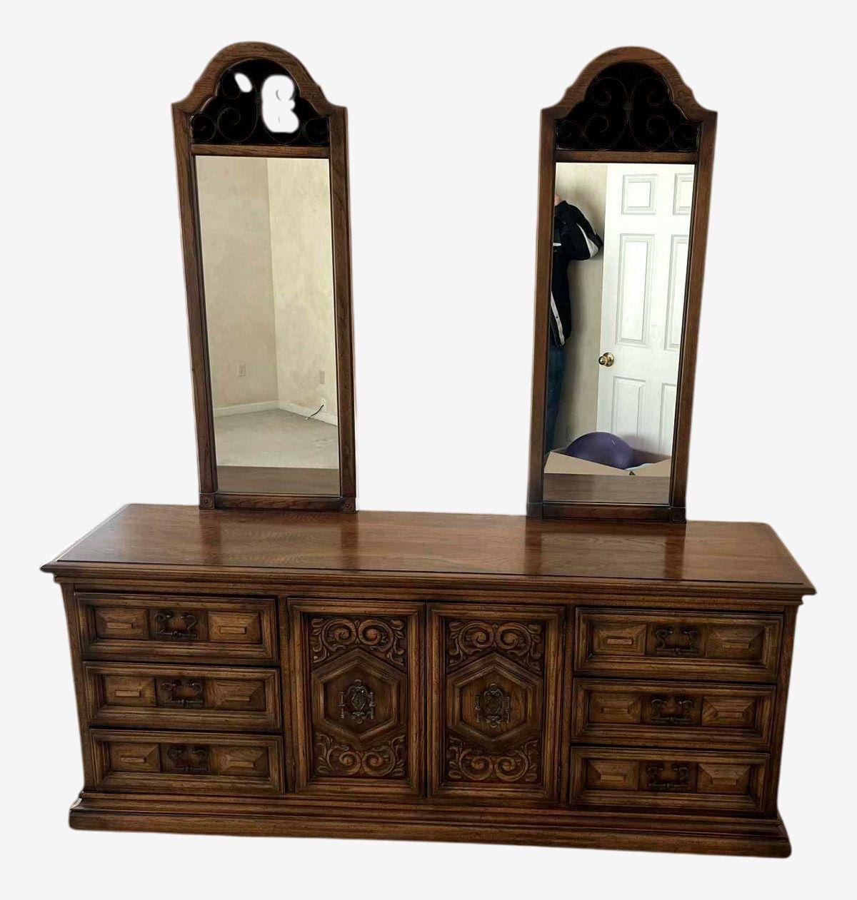 Spanish Revival Vintage Carved Solid Oak Triple Dresser With